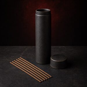 Collectible-grade Pahang agarwood incense sticks with a dark ceramic tube