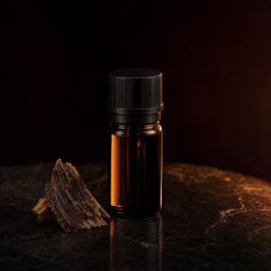 Five millilitre dark glass vial of Sabah agarwood oud oil with a resin-rich wood chip