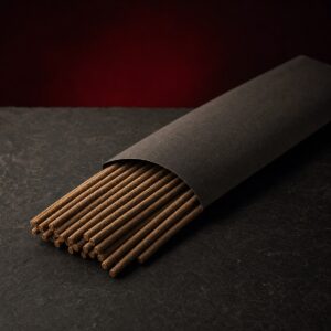 Hand-rolled Terengganu agarwood incense sticks in a black paper sleeve
