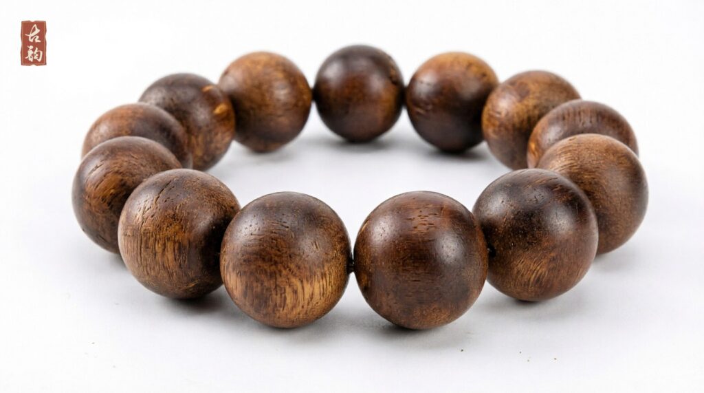 Guyun sinking-grade agarwood bracelet, 18mm beads on elastic cord, low angle showing the full strand